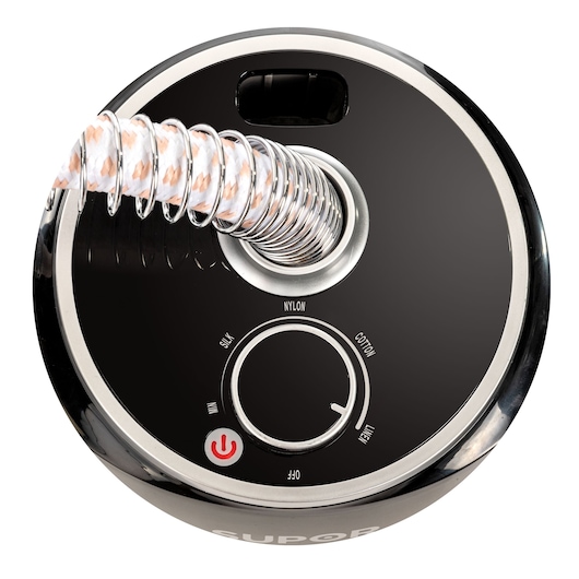 BLACKDECKER GST1600 garment steamer base, top view, black surface with fabric selector dial and spiral steam hose.