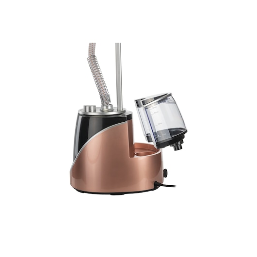 BLACKDECKER GST1600 garment steamer in rose gold and black, side angle, detachable water tank.