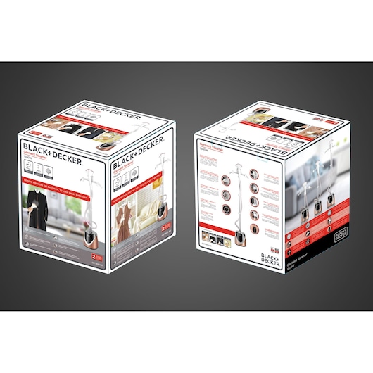 Photo of BLACK+DECKER GST1600 garment steamer retail box, showing product images, features, and specifications.