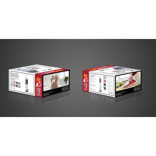 Photography of BLACK+DECKER GST2000PR garment steamer retail packaging, black and red boxes with product images and features.