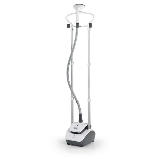 A BLACK+DECKER upright garment steamer with a white and grey design, featuring a hose and two vertical poles for hanging clothes.