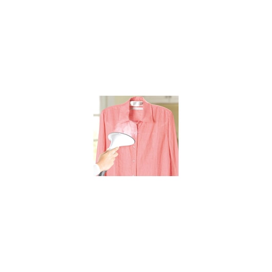 BLACKDECKER GST2000 handheld garment steamer in use on a pink shirt, front angle.