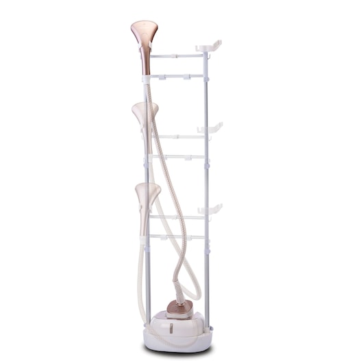 BLACKDECKER GSTD2050 garment steamer with adjustable pole, white and rose gold, front angle on white background.
