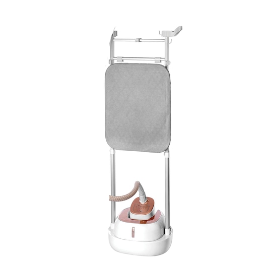 BLACKDECKER GSTD2050 garment steamer with integrated board, front angle, white and copper design