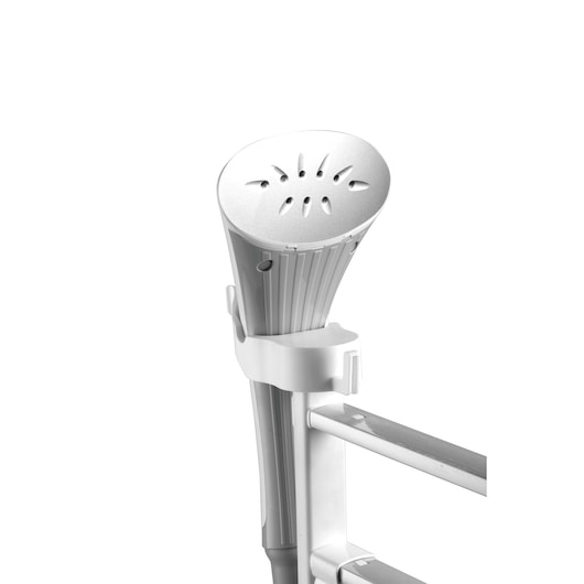 BLACKDECKER garment steamer GSTM2050 nozzle close-up, silver and white, mounted on stand, white background.