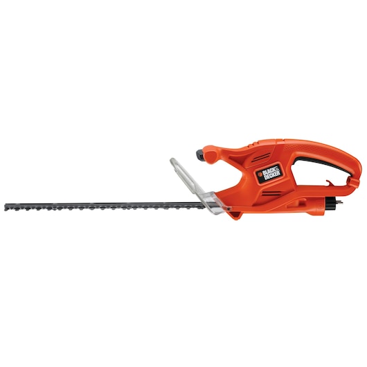BLACKDECKER GT4245 orange electric hedge trimmer, side angle, black blade, clear hand guard.