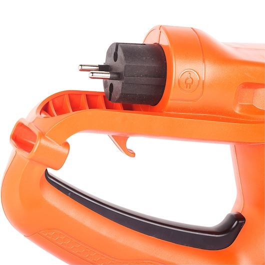 BLACKDECKER GT4245 orange hedge trimmer handle and power plug, close-up on white background.