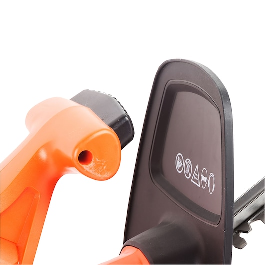 BLACKDECKER GT4245 hedge trimmer safety guard and handle close-up, orange and black, product angle view.