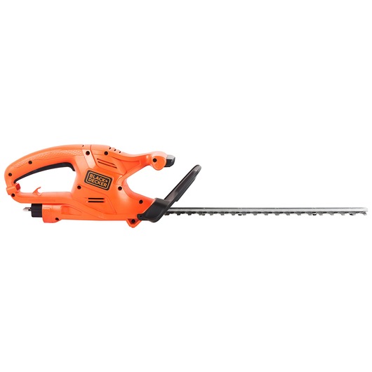 BLACKDECKER GT4245 orange electric hedge trimmer side view with black handle and long blade.