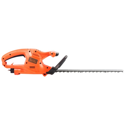 BLACKDECKER GT4245 orange electric hedge trimmer side view with black blade and handle.