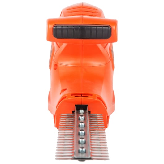 BLACKDECKER GT4245 hedge trimmer front view, orange body with exposed blade on white background.