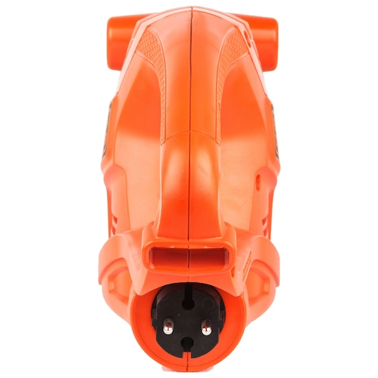 BLACKDECKER GT4245 orange electric hedge trimmer rear angle showing power plug.