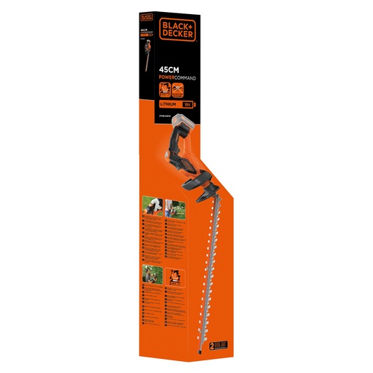 BLACK+DECKER GTC18452PCB cordless hedge trimmer 45cm, orange and black, product packaging front angle.