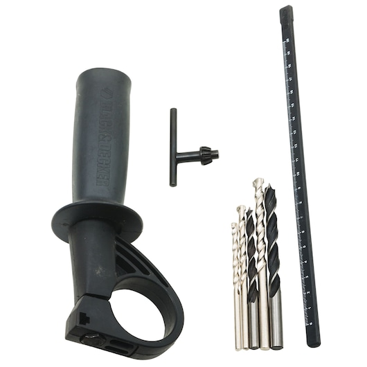 Photo of BLACK+DECKER HD5010VA5 drill accessory kit with side handle, depth gauge, chuck key, and four drill bits, top view.