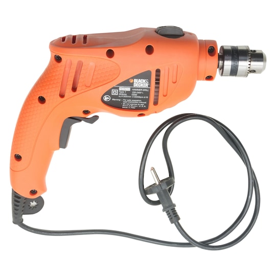 BLACK+DECKER HD5010VA5 orange corded electric drill, side angle on white background with visible plug.
