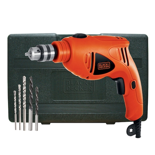 BLACK+DECKER HD5010VA5 orange corded drill with 5 drill bits and carrying case, front view on white background.