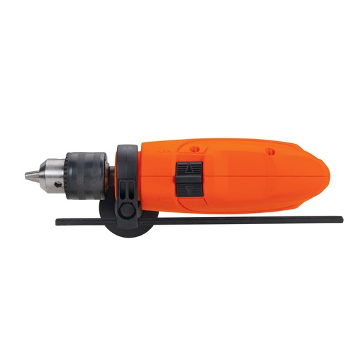 BLACKDECKER HD650 orange corded drill, side angle, with adjustable depth guide on white background.