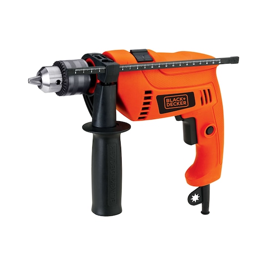 BLACK+DECKER HD650 orange corded drill with side handle and depth gauge, front angle, photography