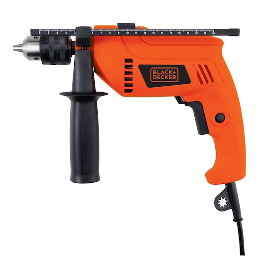 Photo of BLACK+DECKER HD650 orange corded drill with side handle and depth gauge, front angle, power tool.