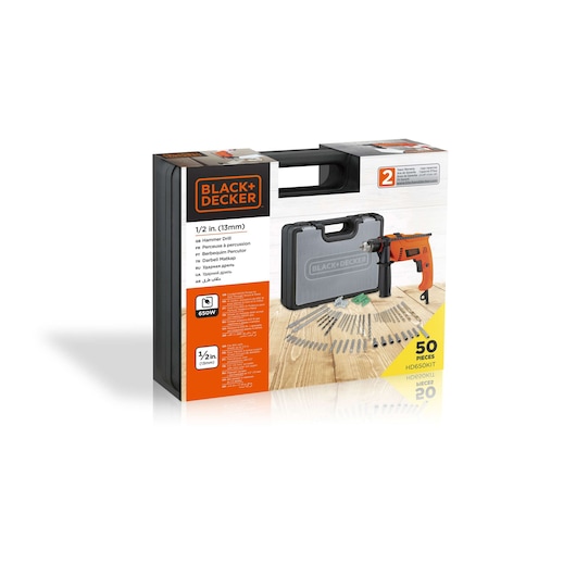 BLACK+DECKER HD650KIT-B5 hammer drill kit box, features case, orange drill, and accessory set, front angle.