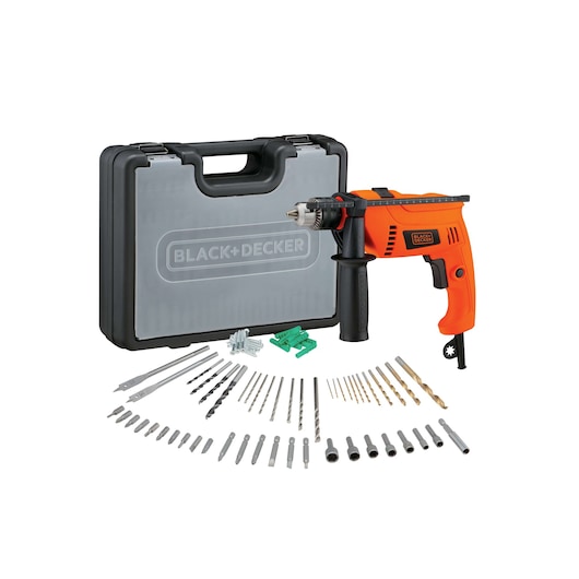BLACKDECKER HD650KIT orange drill set with accessories and carrying case, front angle.