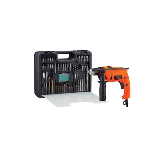 BLACKDECKER HD650KIT corded drill with side handle and accessory kit, black case open, photo on white background.