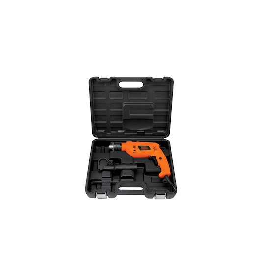 BLACKDECKER HD650KIT orange corded drill with accessories in black hard case, front angle, white background.