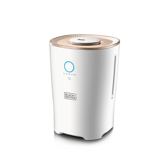 BLACKDECKER HM4000 white humidifier with gold accent, front angle, digital controls, sleek modern design.