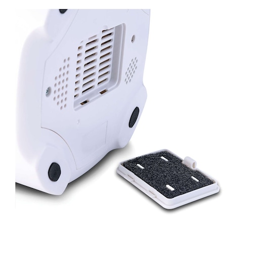 BLACKDECKER HM4000 photography, close-up of device base with removable black filter tray, white background.