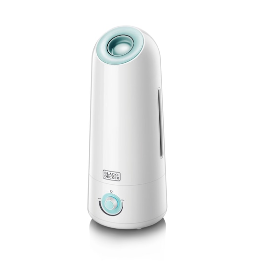 BLACK+DECKER HM5000 white humidifier with blue control dial, vertical tank, front angle on white background.
