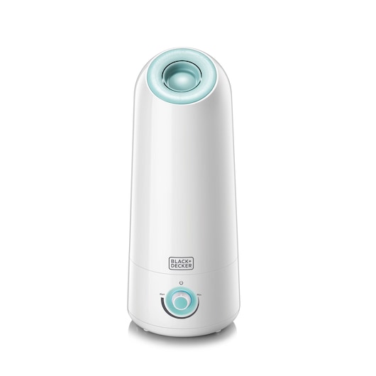 BLACKDECKER HM5000 humidifier with white body and turquoise controls, front angle on white background.