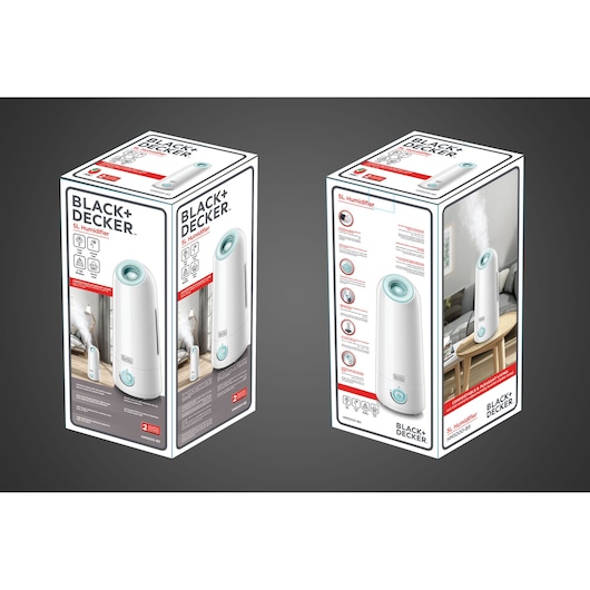 Photo of BLACK+DECKER SL Humidifier HM5000 packaging displaying product features and white device images.