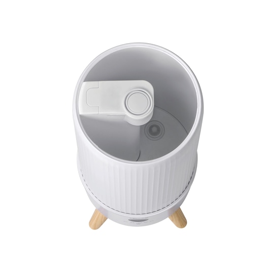 Photo of BLACKDECKER HM6000 humidifier top view, white cylindrical body, wood legs, open water tank.