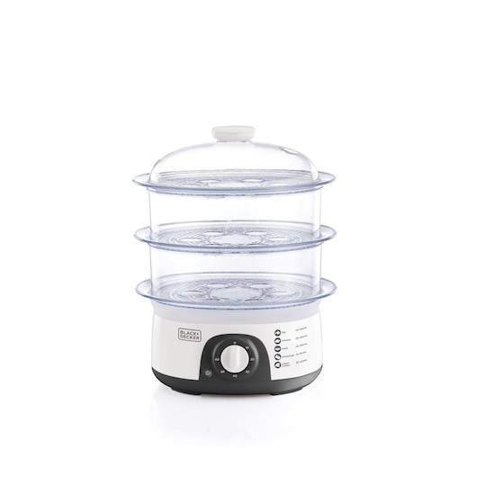 BLACKDECKER HS6000 food steamer with three transparent stackable trays, front angle on white background.