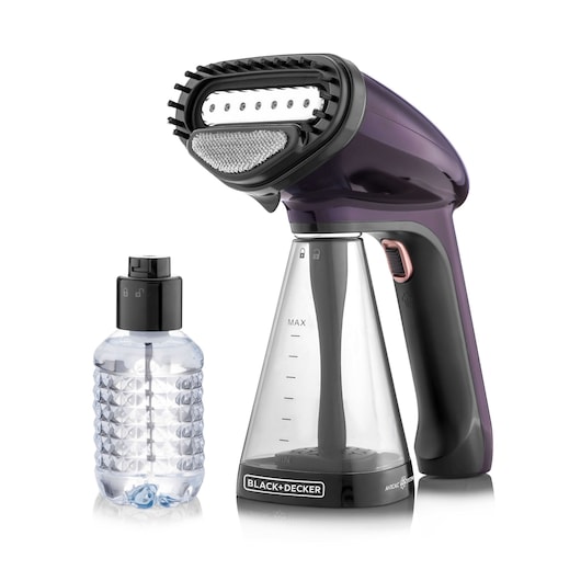 BLACK+DECKER HST1500 handheld garment steamer in purple and black with clear water tank and accessory bottle, front angle.