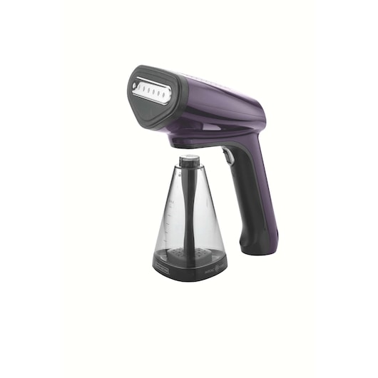BLACKDECKER HST1500 handheld garment steamer, purple and black, front angle on white background