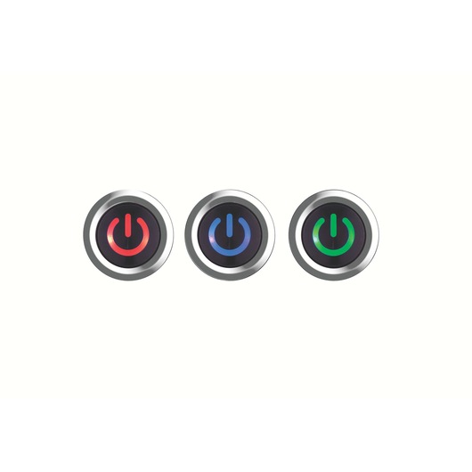 BLACKDECKER HST1500 set of three round power buttons with red, blue, and green icons, front view.