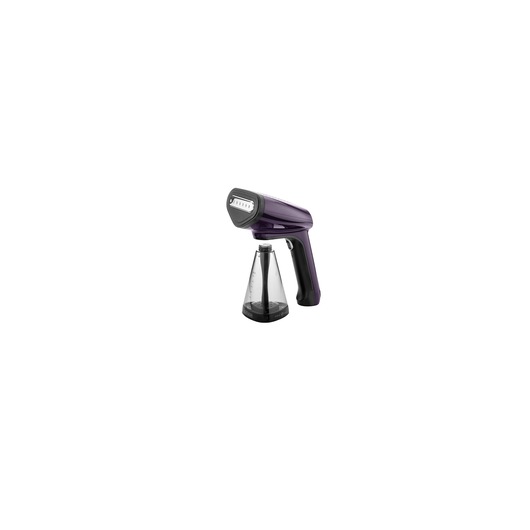 BLACKDECKER HST1500 handheld garment steamer in black and purple, front angle on white background.