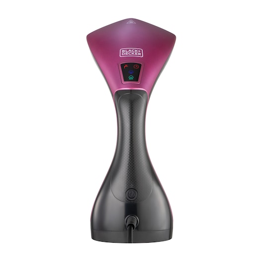 Front view of a BLACK+DECKER handheld garment steamer in pink and black, showing the ergonomic handle, control buttons, and power cord.