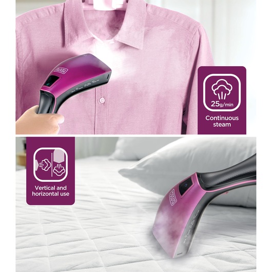 BLACKDECKER HSTD1600 handheld garment steamer with pink body, shown steaming a shirt and a bedspread, continuous steam, vertical and horizontal use.