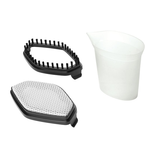 BLACKDECKER HSTD1600 steam cleaner accessories including measuring cup, brush attachment, fabric pad, top view.