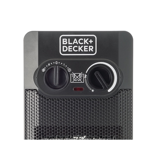 BLACK+DECKER HX340 black portable heater front view with control knobs and mesh grille.