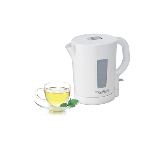 Photo of BLACK+DECKER JC250 white electric kettle with side water level window, next to a glass of tea on white background.