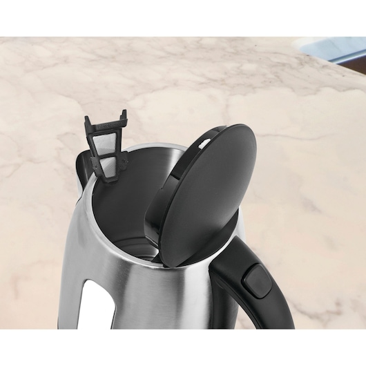BLACK+DECKER JC400 stainless steel electric kettle with open lid and removable filter, top view.