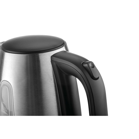 BLACKDECKER JC450 stainless steel electric kettle close-up showing black handle, side angle.