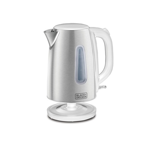 A stainless steel electric kettle with the BLACK+DECKER logo on the front, placed on its white base. The kettle has a handle and a water level indicator.