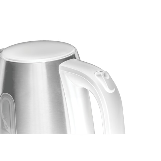 Photo of BLACKDECKER JC454 electric kettle, close-up side angle, showing stainless steel body and white plastic handle.