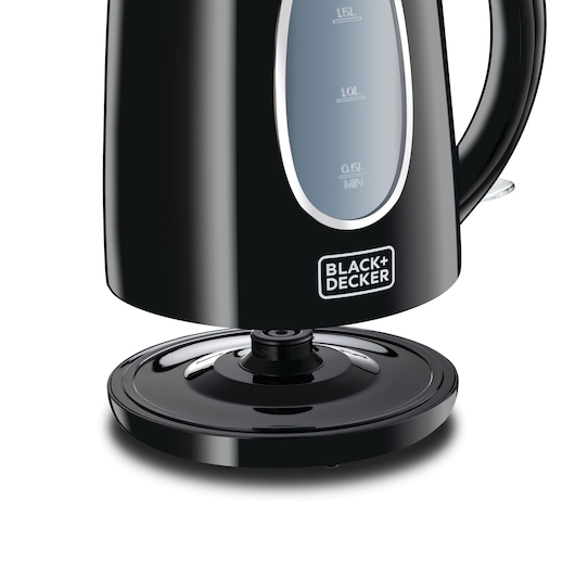 Photo of BLACKDECKER JC69 electric kettle in black, shown from the side on white background with visible water level window.
