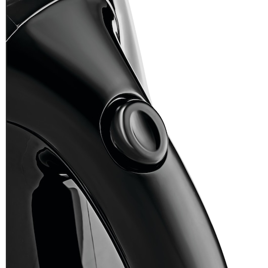 BLACK+DECKER JC69 electric kettle black body detail with close-up on button, studio angle.