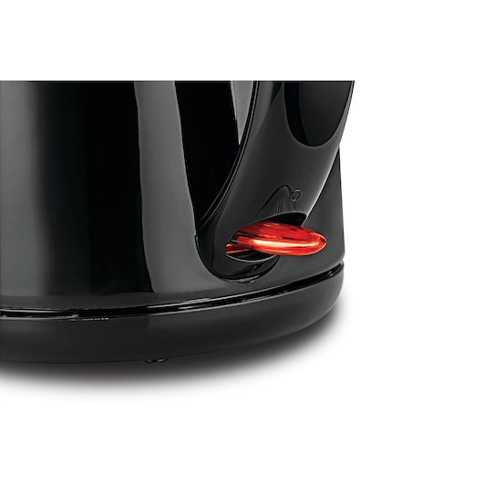 BLACKDECKER JC69 electric kettle side view with red illuminated power switch, black finish, white background.